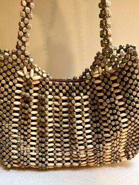 Vintage Natural Wooden Bead Purse Handbag Shoulder Bag
